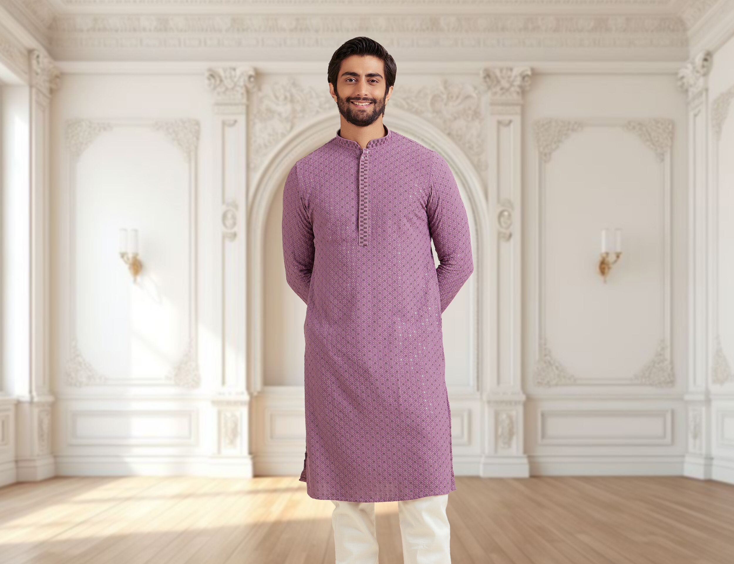 Man wearing a lavender Chikankari embroidered kurta paired with white churidar pants, posing in a grand room with intricate white walls and wooden flooring.